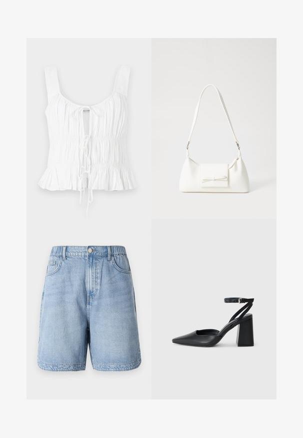 Biele bezrukávové tričko s nariasenou textúrou, nastaviteľným predným viazaním a rozšíreným lemom; vyrobené z ľahkého materiálu.; Svetlomodré džínsy s elastickým pásom, dvoma prednými vreckami a voľným strihom. Obsahujú jemné vyblednutie a detaily prešívania.; Čierne kožené lodičky s špicatou špičkou a členkovým remienkom, s masívnym podpätkom. Hladký povrch, elegantný dizajn a minimalistická estetika.; Biela syntetická kabelka s trojuholníkovým tvarom, plochým predným klapkou a detailom mašle, nastaviteľným popruhom, hladkou textúrou a minimalistickým dizajnom.