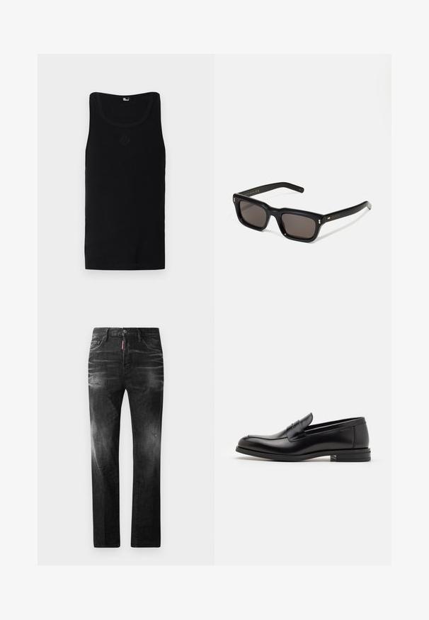 Black tank top made of cotton with a ribbed texture, features a crew neckline and a small emblem embossed on the front.; Black denim jeans with a straight fit. Features faded areas, minor distressing, classic five-pocket design, and a button closure.; Black leather loafers with a smooth texture, rounded toe, and a decorative strap across the vamp. Low stacked heel, minimalist design.; Black rectangular sunglasses with dark lenses, thick plastic frame, gold accents on temples, and brand logo engraved on the arm.