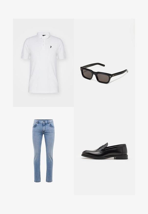Hvid polo shirt med klassisk krave, tre-knaps lukning og et lille sort logo på venstre bryst. Bomuldsmateriale, korte ærmer.; Lysblå denim jeans med en slim fit, fem lommer og et lige ben design. Har en lynlås og bæltestropper. Blød tekstur.; Sorte læderloafers med en glat overflade, rund tå og en dekorativ strop over vampen. Lav hæl med stabeldesign, minimalistisk stil.; Sorte rektangulære solbriller med mørke glas, tyk plastisk ramme, guldtryk på stængerne og brandlogo indgraveret på armen.
