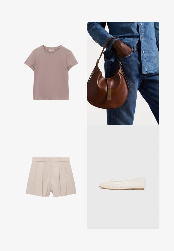 Koszulka z krótkim rękawem w jasnym mauve, wykonana z miękkiej bawełny. Posiada prosty okrągły dekolt i podwinięte krawędzie rękawów.; Beżowe plisowane szorty o dopasowanym kroju, z wysokim stanem i gładką teksturą. Cztery frontowe plisy nadają objętości. Bez kieszeni.; Białe płaskie buty z siateczkowym wzorem, ostro zakończone, z niską, płaską podeszwą. Teksturowana cholewka z gładką podszewką i subtelnymi kontrastowymi wykończeniami.; Brązowa skórzana torebka hobo w zaokrąglonym kształcie, z akcentami w złotym kolorze i kontrastowym przeszyciem. Połączona z dżinsową koszulą i spodniami dżinsowymi.