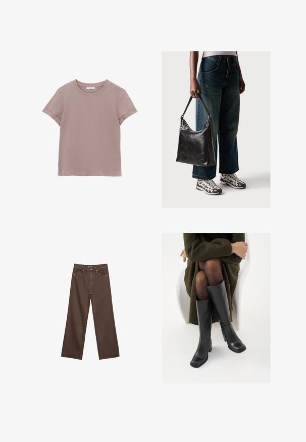 Kortærmet T-shirt i lys mauve, lavet af blød bomuld. Den har en simpel rund halsudskæring og rullede ærmekanter.; Bredde ben brun denim jeans med høj talje, forlommer og klassisk knaplukning. Glat tekstur med diskret syninger.; Knæhøje sorte læder støvler med firkantet tå og blokhæl, vist med en model siddende i en olivengrøn frakke. Glat tekstur, minimal detaljer.; Sort læder skuldertaske med en glat tekstur og justerbar skulderrem, parret med faded brede bukser og atletiske sneakers.