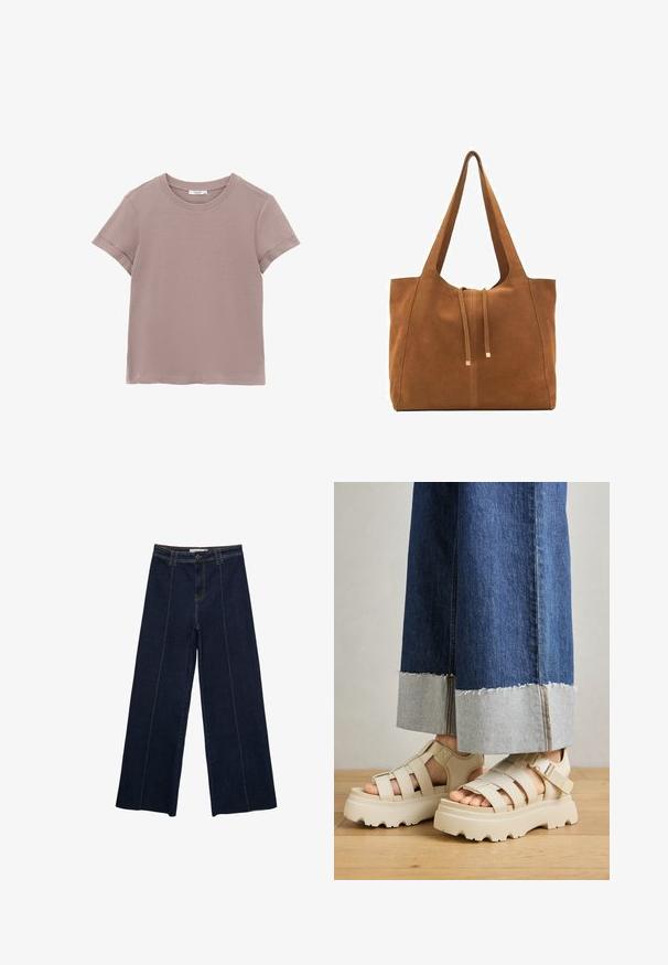 Tričko s krátkým rukávem v světle mauve, vyrobené z měkké bavlny. Má jednoduchý kulatý výstřih a ohrnuté okraje rukávů.; Široké tmavé džíny s kontrastním šitím, vysokým pasem a rovnými nohavicemi. Obsahují přední kapsy a klasické zapínání na knoflík.; Béžové platformové sandály s tlustými podešvemi mají páskový design a nastavitelné kotníkové pásky. Jsou nošeny s širokými džínovými kalhotami, přičemž jedna nohavice je roztrhaná.; Hnědá semišová taška s dvěma dlouhými popruhy, stahovací šňůrkou a minimalistickým designem. Hladký povrch a žádné viditelné kovové akcenty.