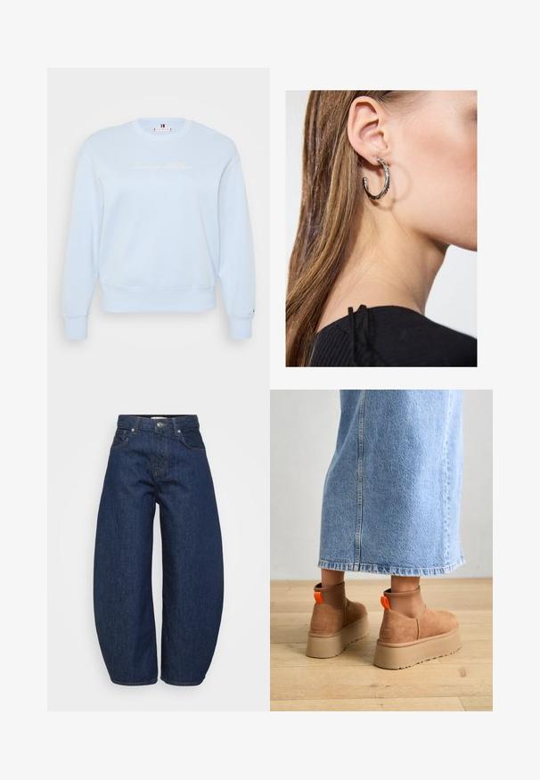 Light blue crewneck sweatshirt made of soft fabric. Features embroidered "Tommy Hilfiger" logo in white, ribbed cuffs, and hem.; High-waist dark blue denim jeans with wide legs, front button and zipper closure, and classic five-pocket design.; Brown suede platform boots with elastic side panels and orange pull tabs, paired with a knee-length light denim skirt on a wooden floor.; Silver hoop earring with a polished finish, featuring small gold accent details and a round shape, worn on the lobe.