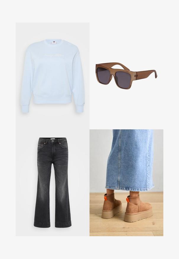 Sweatshirt bleu clair à col rond en tissu doux. Présente un logo "Tommy Hilfiger" brodé en blanc, des poignets et un ourlet côtelés.; Jean large noir à taille haute, en denim. Comprend des poches avant, des rivets en cuivre et des coutures visibles le long des ourlets.; Bottes en suède brun à plateforme avec des panneaux latéraux élastiques et des languettes orange, associées à une jupe en denim clair arrivant au genou sur un sol en bois.; Lunettes de soleil semi-transparentes marron avec une monture carrée et des verres foncés. Les branches sont élégantes et légèrement courbées pour un look moderne.
