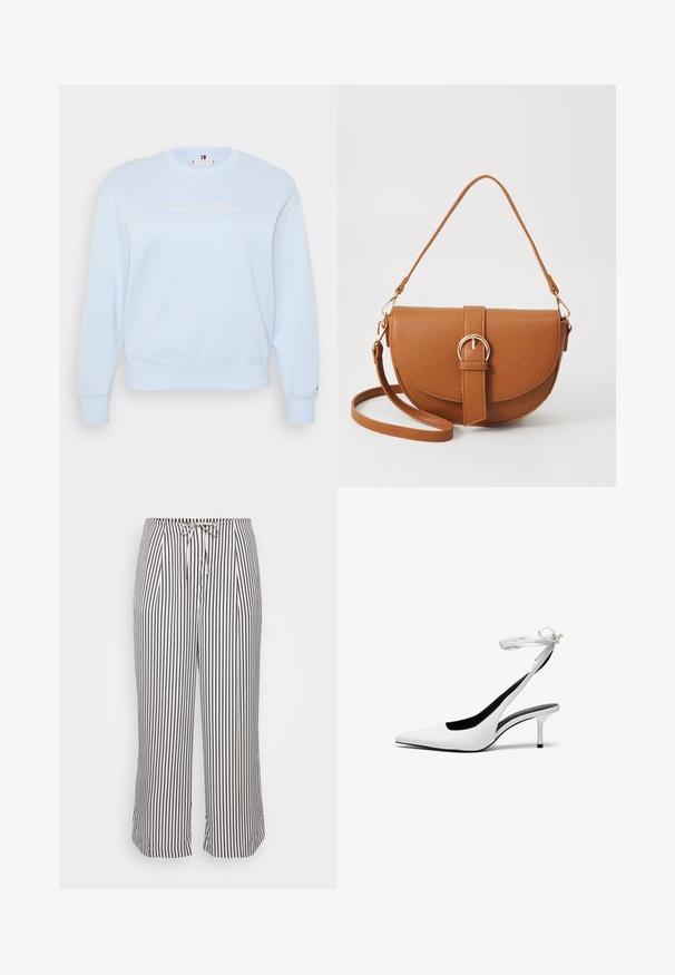 Svjetloplava dugmadna majica izrađena od mekane tkanine. Sadrži izvezeni "Tommy Hilfiger" logo u bijeloj boji, rebraste manžete i donji rub.; Skinny hlače s elastičnim pojasom na vezanje, ukrašene vertikalnim mornarskoplavim i bijelim prugama, prikazane na jednostavnoj bijeloj pozadini.; Bijele cipele s otvorenim petama s oštrim vrhom i tankim remenom oko gležnja. Glatki kožni materijal, tanki stileto potplat i crna unutarnja obloga.; Smeđa kožna torba preko tijela s zakrivljenim oblikom, zlatnim metalnim detaljima i naglaskom na kopču. Ima odvojivu naramenicu.; Srebrna dvostruka prsten s glatkom, poliranom površinom. Karakterizira ga fluidan, zakrivljen dizajn s preklapajućim sekcijama za moderan izgled.