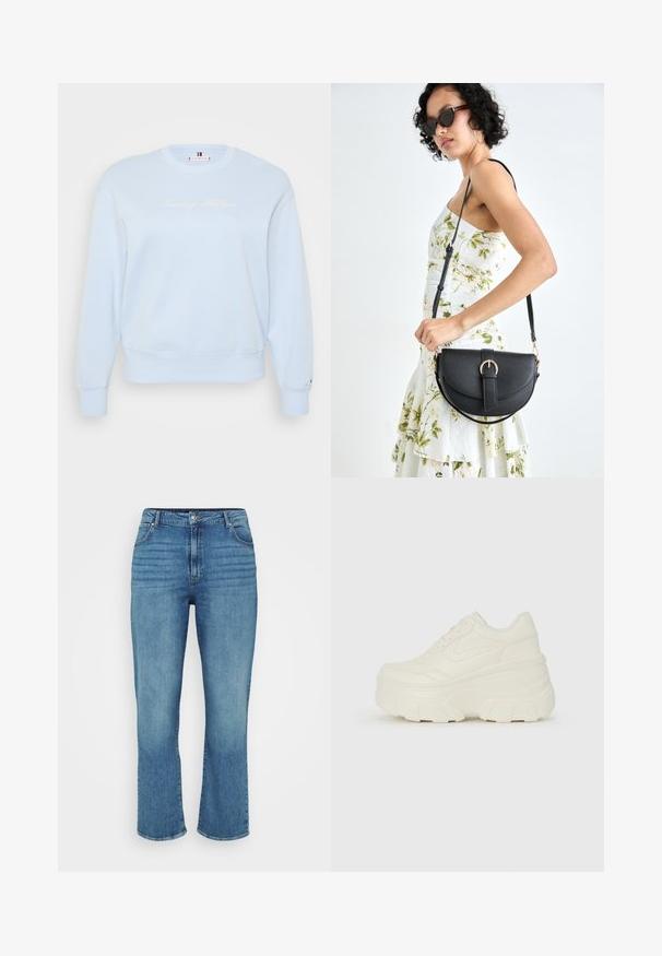 Pulover cu guler rotund de culoare albastru deschis, realizat dintr-un material moale. Include un logo brodat "Tommy Hilfiger" în alb, cu manșete și tiv cu caneluri.; Jeanși din denim de culoare bleu deschis, cu un design drept, având cinci buzunare, bucle pentru curea și o decolorare subtilă pe față.; Adidași platformă albi, cu un superior neted asemănător cu pielea, formă rotunjită, guler căptușit și talpă din cauciuc texturată cu borduri bine definite.; Geantă din piele neagră, cu o formă curbată, curea detașabilă și accesorii aurii. Geanta are un capac cu un detaliu tip cataramă.