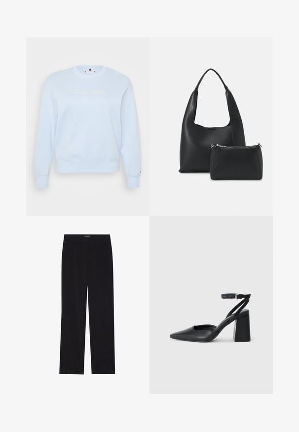 Gaiši zils džemperis ar apaļu kaklu, izgatavots no mīkstas auduma. Ar izšūtu "Tommy Hilfiger" logo baltā krāsā, ribotām piedurknēm un apakšmalu.; Melni korduroja bikses ar taisnu piegriezumu, ar plakanu jostasvietu un bez redzamām kabatām, gluda tekstūra un vertikālas ribas detaļa.; Melna ādas augstpapēžu kurpe ar norakstīto purngala formu, potītes siksniņu un masīlu papēdi. Gluda tekstūra, elegants dizains un minimālisma estētika.; Even&Odd SET - Rokassoma - black