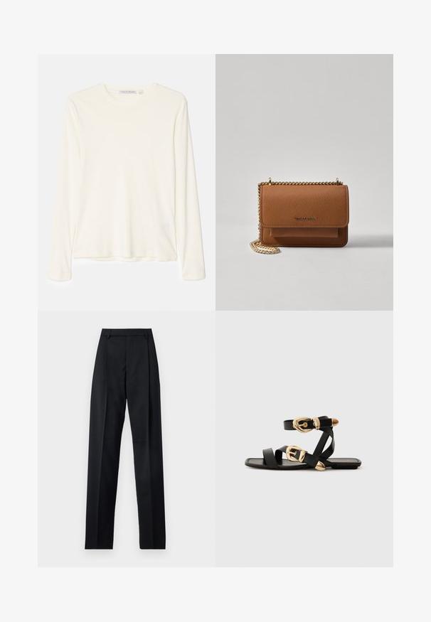 Tiger of Sweden MILLAN - Camisola de manga comprida - seashell; Calças pretas feitas de um tecido suave, com uma cintura alta, pernas largas, pregas frontais e passadores de cinto clássicos. Não há bolsos laterais visíveis.; Sandálias de couro pretas com detalhes em fivela dourada, apresentando várias tiras e um design de sola plana para uso à vista.; Bolsa crossbody de couro texturizado castanho com alça de corrente dourada e fecho com aba. A parte da frente apresenta detalhe do logótipo e um bolso sob a aba.