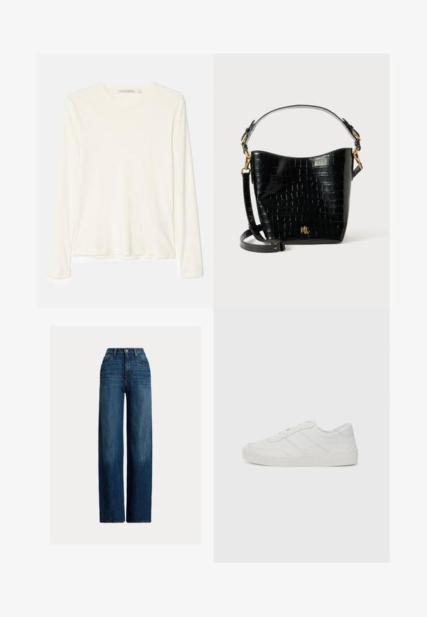 Tiger of Sweden MILLAN - Longsleeve - seashell; Wijde spijkerbroek in donkerblauw. Met een hoge taille, knoopsluiting en klassiek vijfzak ontwerp. Effen textuur met subtiele vervaging.; Witte leren sneaker met platte veters, ronde neus en subtiele stiksels. Beschikt over een gestructureerde zool en een in reliëf gedrukt merkteken op de hiel.; Zwarte croco-embossed leren tas met een gebogen ontwerp, gouden hardware-accenten, een verstelbare schouderriem en een logo-detail aan de voorkant.