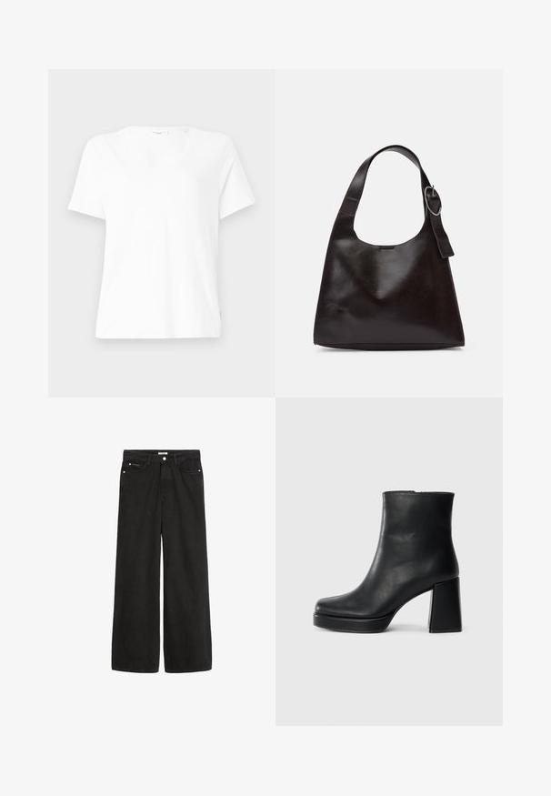 Valge puuvillane T-särk V-kaelusega, lühikeste varrukatega ja lõdva istuvusega. Omab peeneid õmblusi ja väikest sildikest külje peal.; Laiad mustad teksased kõrge vöökohaga. Omab viit taskut, metallist detaile ja puhtat lõpetust. Tekstuur on sujuv ja pehme.; Must musta ankle boot, milleplokk-konts ja platvormi tallaga, vaadatud küljelt ühetoonilise valge tausta peal.; Pruun nahkne õlakott sujuva tekstuuriga, ümar kuju, laia rihmaga ja ümara metallise aktsendiga käepidemel.