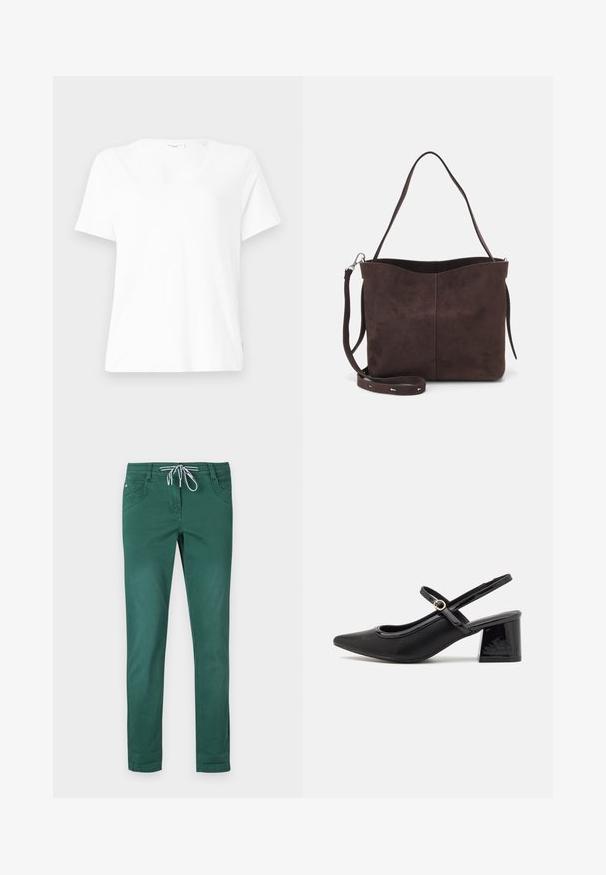 Bílý bavlněný tričko s výstřihem do V, krátkými rukávy a volným střihem. Obsahuje jemné švy a malou cedulku na boku.; Zelené kalhoty z bavlněné směsi se střihém rovného nohavice, stahovací páskem a dvěma předními kapsami. Hladký povrch a bez vzorů.; Černé lakované lodičky s otevřenou patou, špičatou špičkou, zaobleným střihem a blokovým podpatkem. Zdobené akcentem v zlatém tónu.; Hnědá semišová taška přes rameno s jemnou texturou, vybavená jedním popruhem na rameno a decentním zakřiveným horním otvorem. Žádné viditelné detaily z hardware.