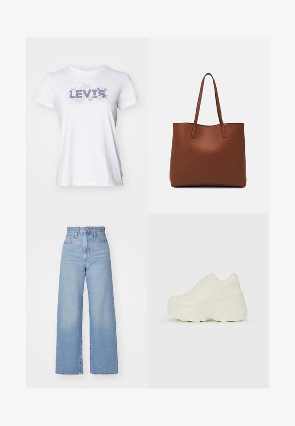 White cotton t-shirt featuring a lavender "LEVI'S®" logo with floral accents. Short sleeves and a classic crew neck design.; Light blue high-waist wide-leg jeans with front button and zip closure, front and back pockets, on a white background.; White platform sneakers featuring a smooth leather-like upper, rounded shape, padded collar, and textured rubber sole with defined treads.; Brown leather tote bag with a smooth texture, open top design, and two shoulder straps. Features minimal stitching and no visible hardware.