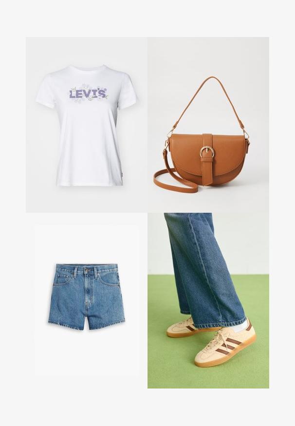 Hvit bomull t-skjorte med en lavendel "LEVI'S®" logo med blomsterdetaljer. Korte ermer og klassisk rund halsdesign.; Lys blå denimshorts med fem lommer, glidelås og knappefeste. Bunnkanten er slitt med et avslappet passformdesign.; Beige joggesko med teksturerte kremfargede paneler og brune striper, parret med blå denimjeans. Jeansene har vid ben og frynsete kant.; Brun lærcrossbody-veske med en buet form, gullhardware og et spenneakcent. Har en avtakbar skulderreim.