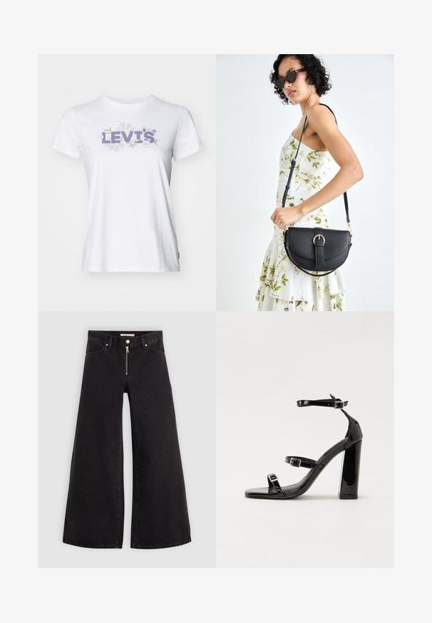 Balta kokvilnas T-krekls ar lavandas krāsas "LEVI'S®" logotipu ar ziedu akcentiem. Īsas piedurknes un klasiskā apaļā kakla dizains.; Platas kājas džinsi melnā džinsa audumā ar rāvējslēdzēju priekšā, piecu kabatu dizains un smalkas šuvju detaļas. Gluda tekstūra un ikdienišķs stils.; Melnas lakotas augstpapēžu čības ar kvadrāta purngalu, potīšu siksniņām un sudraba sprādzēm. Aprīkotas ar masīvu bloku papēdi stabilitātei.; Melnas ādas rokassoma ar izliekta formu, noņemamu siksnu un zelta aksesuāriem. Somai ir vāciņš ar sprādzes detaļu.