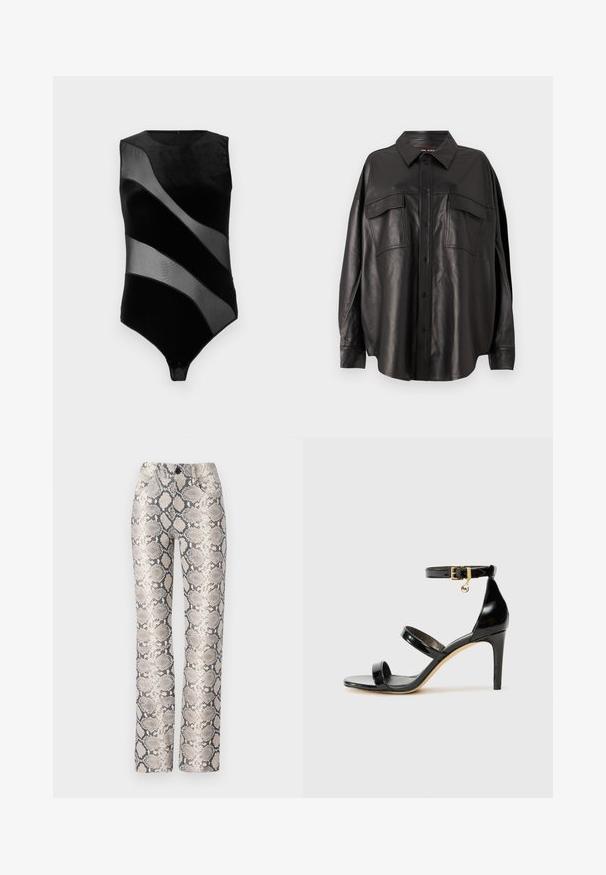 Schwarzer Body mit einer glatten Samt-Oberfläche, transparenten Mesh-Einsätzen und einem Rundhalsausschnitt. Elegante, körpernahe Passform mit einem Druckverschluss am unteren Ende.; Schwarzes Lederhemd mit durchgehender Knopfleiste, spitzem Kragen und zwei Brusttaschen. Hat eine lockere Passform und eine glatte Textur.; Schlangenlederdruck-Hosen in einem beige-grauen Farbschema. Gerade geschnittenes Design mit einer strukturierten Oberfläche und Vorderaschen. Verfügt über einen Knopfverschluss.; Schwarze Lackleder-Sandale mit drei Riemen, Knöchelriemen und 10 cm hohen Stiletto-Absatz. Verfügt über goldfarbene Hardware-Details und ein Logo-Charm.