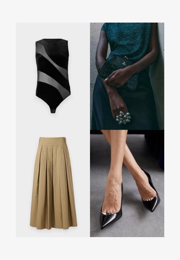 Sort bodysuit med en glat fløjlsoverflade, gennemsigtige meshpaneler og en rund udskæring. Slank, tætsiddende form med en trykknaplukning i bunden.; Kaki plisseret nederdel med høj talje, lavet af bomuld. Har et flydende design og sømmen afsluttes med subtile syninger.; Sorte læder højhælede sko med spids tå og åben design, der har en dekorativ sølvaccent. Glat tekstur med poleret finish.; Sorte clutchtaske med krokodillemønster og sølvhardware, holdt mod en tekstureret grå baggrund. Har en blank overflade.