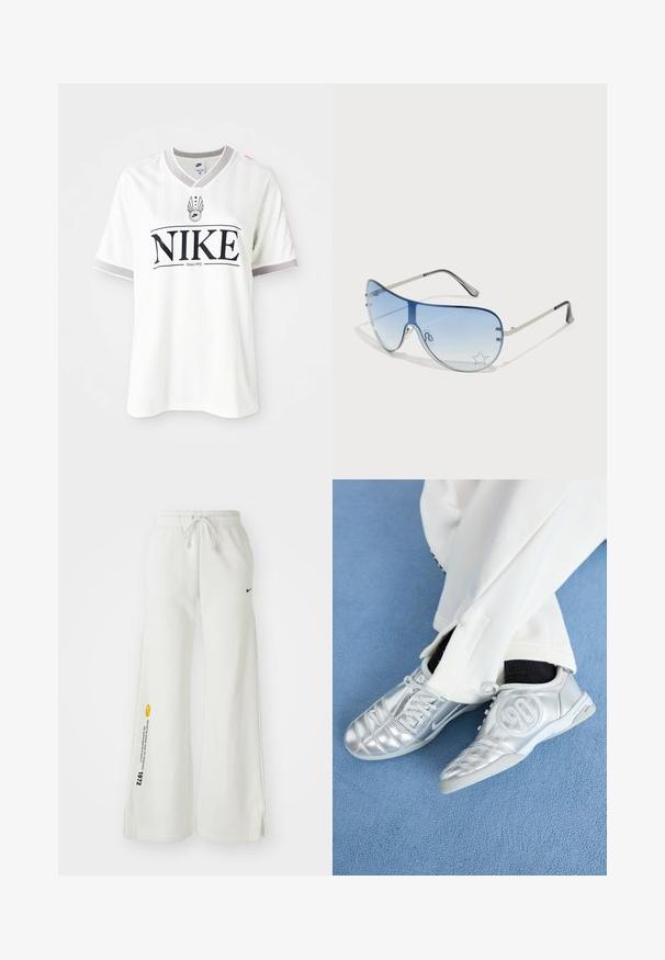 Valge Nike lühikeste varrukatega T-särk, millel on vertikaalsed triibud, hall krae ja silmapaistev must logo, millel on tekst "Alates 1972".; Valged laiad dressipüksid elastse vöökoha, nööriga, külgslitidega, musta Nike logoga ja kontrastse kollase graafilise tekstiga.; Hõbedased spordijalatsid, millel on sile ja läikiv pind, eristuvad õmmeldud mustriga ning külje peal on number 90, millele on lisatud valged püksid.; Aviatori prillid, millel on gradient sinine objektiiv, hõbedane metallraam ja dekoratiivsed staaraktsendid objektiivil. Sujuv ja stiilne disain.