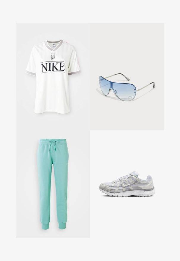 T-shirt branca da Nike com mangas curtas, apresentando riscas verticais, um colarinho cinza e um logótipo preto proeminente com o texto "Desde 1972".; Calças de moletão verde menta com uma cintura elástica, cordão e punhos canelados. Apresenta um pequeno logotipo branco da Nike na coxa esquerda.; Sapatos atléticos cinza claro com parte superior em malha e sintético, apresentando um fecho de cordões, colarinho acolchoado e sola texturizada para aderência.; Óculos de sol aviador com lentes azuis em degradê, armação metálica prateada e detalhes decorativos de estrelas nas lentes. Design suave e elegante.