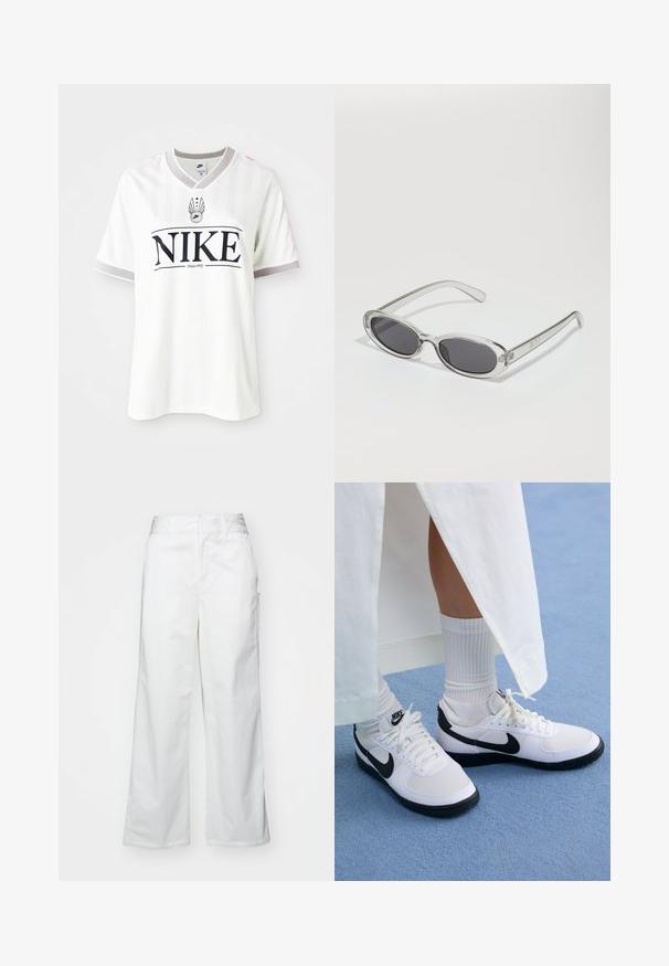 Balts Nike T-kreklis ar īsām piedurknēm, ar vertikālām svītrām, pelēku apkakli un izteiktu melnu logotipu ar tekstu "Kopš 1972".; Balti platie kājas bikses no kokvilnas, ar gludu tekstūru, taisnu piegriezumu, priekšējām kabatām un tīru apakšmalu.; Baltas Nike apavi ar melniem akcentiem, kas izgatavoti no gludas ādas, baltām auklām un izturīgiem gumijas zoleiem, savienoti ar baltām ribotām zeķēm.; Saulesbrilles ar ovālu formu, caurspīdīgu plastmasas rāmi, tumši pelēkiem stikliem un plāniem caurspīdīgiem kātiem, kas satur logotipa akcentus un minimālu noformējumu.