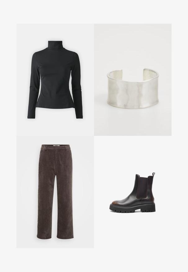 Even&Odd Petite Bluză cu mânecă lungă - black; Pantaloni largi din corduroy maro, cu o finisare texturată, având un brâu standard și două buzunare frontale.; Botine din piele maro până la gleznă, cu panouri elastice pe laterale, talpă robustă din cauciuc negru, vârf rotunjit, cusături contrastante și tab de tragere la spate.; Zign Brăţară - silver-coloured