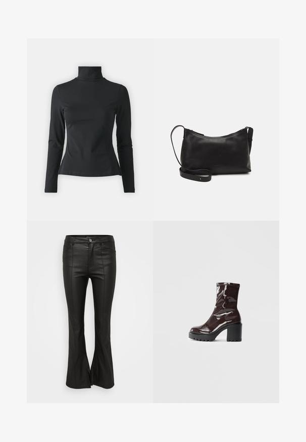 Even&Odd Petite Longsleeve - black; Zwarte flared broek met een glanzende, lederen uitstraling, voorzien van voorzakken, een knoopsluiting en zijsplitten aan de zoom.; Glanzende bordeauxrode enkelboot met een chunky zwarte hak, met een gladde textuur en een eenvoudig ontwerp. Geen zichtbare sluitingen of patronen.; Zwarte leren schoudertas met een gladde textuur, gebogen vorm, verstelbare schouderband en een ritsafsluiting. Minimalistisch ontwerp zonder versieringen.