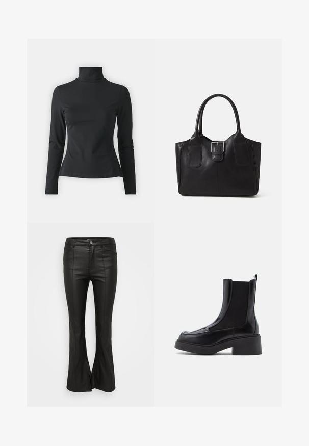 Even&Odd Petite Longsleeve - black; Zwarte flared broek met een glanzende, lederen uitstraling, voorzien van voorzakken, een knoopsluiting en zijsplitten aan de zoom.; Zwarte chelsea boots met een stevige hak, voorzien van een glanzend leren bovenwerk en elastische zijpanelen voor gemakkelijk aan- en uittrekken. Solide rubberen zool.; Zwarte leren tote bag met een gladde textuur, gestructureerde vorm, twee handvatten en een opvallend zilveren sluitingdetail aan de voorkant.