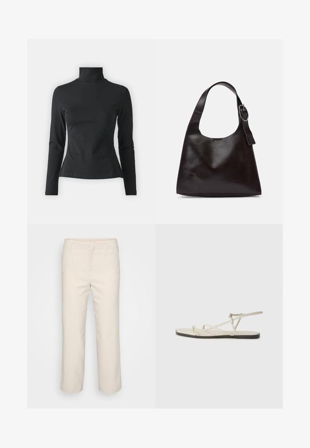 Even&Odd Petite Top s dlouhým rukávem - black; Krémové, dobře střižené kalhoty s rovnými nohavicemi, plochým předním dílem a dvěma bočními kapsami. Vyrobené z hladké látky s čistým zakončením.; Béžové ploché sandály s několika štíhlými pásky a nastavitelnou přezkou. Podešev je plochá s mírným tmavým kontrastem na okraji.; Hnědá kožená taška přes rameno s hladkou texturou, zaobleným tvarem, širokým popruhem a kulatým kovovým akcentem na rukojeti.