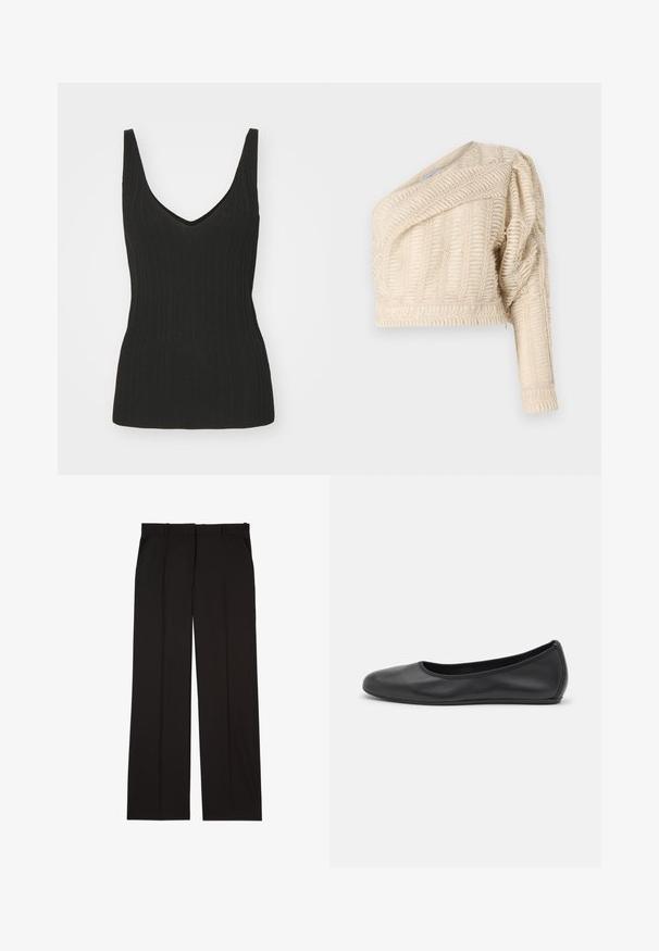 Top de alças preto com riscas e decote em V, sem mangas. Apresenta uma silhueta ajustada e tecido texturizado. Acabamento suave na barra.; Casaco cropped texturizado em creme com decote diagonal, mangas bufantes e padrão de folhas trançadas, apresentando uma bainha canelada.; Calças pretas sob medida feitas de um tecido suave, com um design de perna reta e dois bolsos laterais. Construção elegante e minimalista.; Bailarina preta em pele com bico arredondado, textura suave, detalhe de costura minimalista e design de sola flexível.