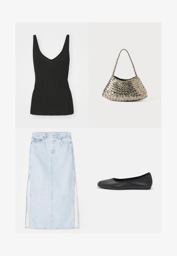 Juoda banguota marškinėlių su V formos iškirpte ir be rankovių. Savybė - prigludusi siluetas ir tekstūruota medžiaga. Lygus apdailos kraštas.; Šviesiai mėlynas džinsinis maksi sijonas su tiesiu kirpimu, su šoninėmis išpjovomis ir penkių kišenių dizainu. Išryškintas siuvinėjimas ir metalinė sagtis.; Juodai odiniai baletai su apvaliu pirštu, lygi texture, minimalus siuvimo detales ir lanksčiu padų dizainu.; Metalinė pintinė rankinė trikampio formos, su pintu dirželiu ir aksominiu pamušalu. Spalva: sidabrinė. Tekstūra: lygi ir kaip audinys.