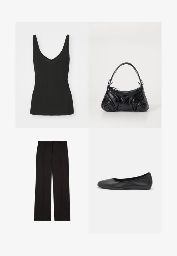 Juoda banguota marškinėlių su V formos iškirpte ir be rankovių. Savybė - prigludusi siluetas ir tekstūruota medžiaga. Lygus apdailos kraštas.; Juodos pritaikytos kelnės, pagamintos iš lygaus audinio, su tiesiomis kojomis ir dviem šoniniais kišenėmis. Elegantiška ir minimalistinė konstrukcija.; Juodai odiniai baletai su apvaliu pirštu, lygi texture, minimalus siuvimo detales ir lanksčiu padų dizainu.; Juodas rankinukas, pagamintas iš tekstūruotos odos, su suapvalinta forma. Jame yra plonas peties diržas ir dekoratyviniai įspausti raštai.