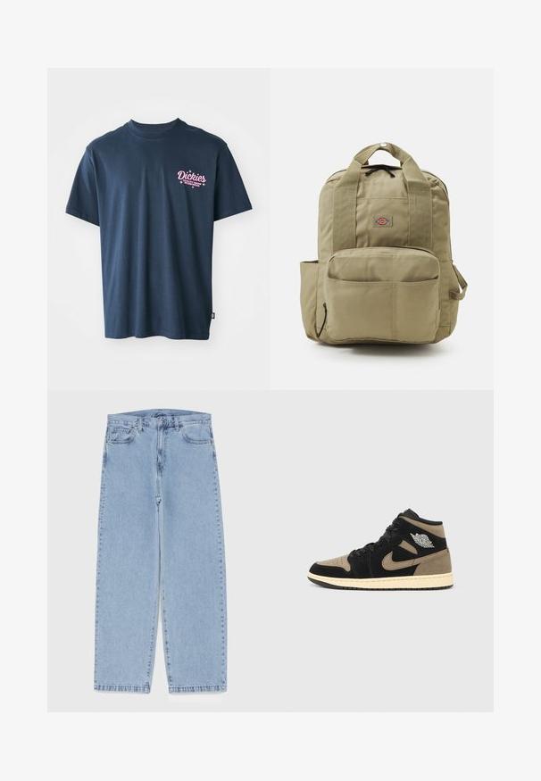 Tumesinine puuvillane T-särk, millel on roosa trükitud logo rinnal tekstiga "Dickies Quality Made Workwear". Lühikesed varrukad, tavaline lõige.; Heled sinise denimi sirgete põlvede lõikega teksad, millel on keskmise kõrgusega vöökoht, viis taskut ning nööbid ja tõmblukk.; Kõrge säärega tennised, millel on must ja beež seemisnahk, auguline varvas, beež vahepealne põhi, mustad paelad ja hõbedane logo küljes.; Khaki seljakott pehmendatud rihmade, eespool oleva tasku ja ümmarguse logoga. Valmistatud vastupidavast kangast, millel on ülemine käepide ja küljetasku.