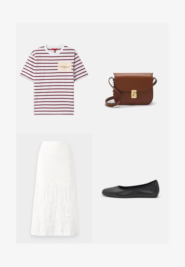 Striped t-shirt with wide horizontal maroon and white stripes, short sleeves, and a beige pocket featuring text in a contrasting font.; Knit white midi skirt featuring a textured pattern with vertical lines and cut-out details near the hem. Elastic waistband. Soft material.; Black leather ballet flat with a rounded toe, smooth texture, minimal stitching detail, and a flexible sole design.; Brown leather handbag with a flap closure, gold-tone hardware, a shoulder strap, and a smooth texture. Compact rectangular shape.