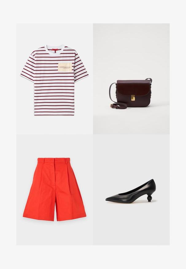 Gestreiftes T-Shirt mit breiten horizontalen kastanienbraunen und weißen Streifen, kurzen Ärmeln und einer beigen Tasche mit Text in einer kontrastierenden Schriftart.; Rote Baumwoll-Shorts mit hoher Taille, die Falten und einen weit geschnittenen Stil aufweisen. Glatte Textur und klare Linien. Keine Taschen oder Verzierungen.; Schwarze Leder-Pumps mit spitzem Zehenbereich und runder, ballförmiger Ferse. Glatte Textur mit einem eleganten, minimalistischen Design.; Braune Lederhandtasche mit einem Klappenverschluss, goldenen Akzenten und einem verstellbaren Gurt. Sie hat eine glatte Textur und eine elegante rechteckige Form.