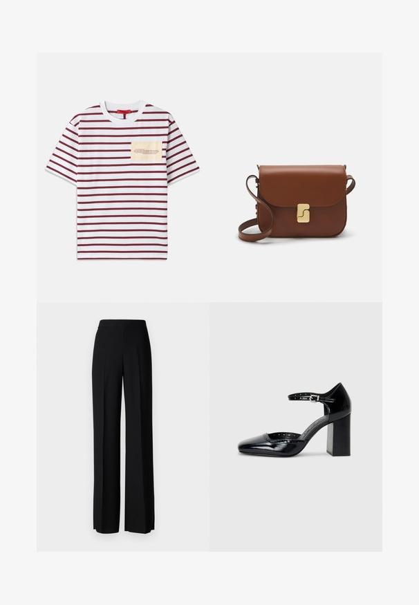Striped t-shirt with wide horizontal maroon and white stripes, short sleeves, and a beige pocket featuring text in a contrasting font.; Black wide-leg trousers with a smooth texture, featuring a high waistband and center pleats. No visible patterns or hardware details.; Black patent leather high-heeled shoes with a square toe, ankle strap, and a chunky heel. Includes perforated detailing along the rim.; Brown leather handbag with a flap closure, gold-tone hardware, a shoulder strap, and a smooth texture. Compact rectangular shape.