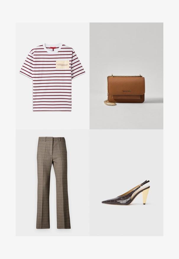Pruhované tričko s širokými horizontálnymi vínovo-červenými a bielymi pruhmi, krátkymi rukávmi a béžovou náprsnou kapsou s textom v kontrastnom písmene.; Hnedé kárované nohavice so strihom rovného nohu, s textúrovanou tkaninou a jemnými farbami béžovej a tmavších hnedých odtieňov v celom vzore.; Sandal s pointer špičkou a elastickým pásikom na päte v tmavohnedej lesklej imitácii krokodílej kože. Obsahuje zlatý geometrický podpätok a nastaviteľný pásik na členku.; Hnedá textúrovaná kožená taška cez telo s zlatým reťazovým popruhom a preklopným uzáverom. Predná strana obsahuje detail s logom a vrecko pod preklopkou.