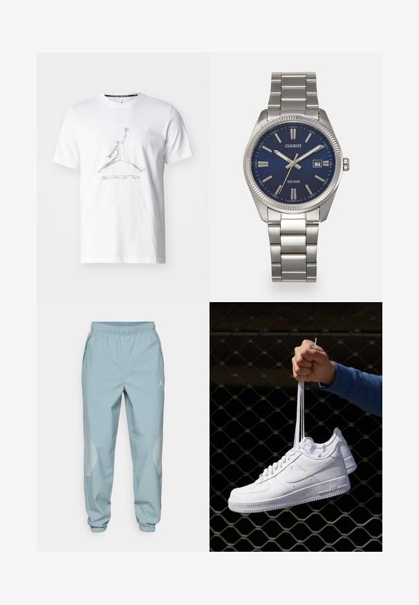 Fehér pamut póló, amelyen egy több színű Jumpman logó látható, alatta pedig a "SPORTS" felirat található, rövid ujjal és kerek nyakkivágással.; Világoskék sportos jogger nadrág elasztikus derékkal, oldalsó zsebekkel és fényvisszaverő pöttyös díszítéssel az alsó lábrészen.; Fehér bőr sportcipők perforációval, kerek orral, lapos talppal és vastag fűzőkkel, látható swoosh logóval és "AIR" felirattal a sarokrészen.; Ezüst színű rozsdamentes acél karóránk sötétkék számlapja van, fém óraszámlálókkal és egy dátumablakkal a 3 órás pozícióban. 50 méterig vízálló.