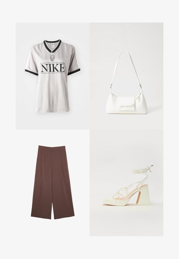 Šedý pruhovaný dres Nike s černým výstřihem do V, na kterém je výrazné černé logo a bílé detaily na rukávech.; Hnědé široké kalhoty s hladkou texturou, vysokým pasem a předními záhyby. Materiál je lehký a volně splývá.; Bílé sandály na vysokém podpatku s robustním podpatkem, s designem s pásky a zavazováním kolem kotníku. Hladký povrch s platformou vpředu pro zvýšení výšky.; Bílá syntetická kabelka v trojúhelníkovém tvaru, s plochým předním klopným víkem a detailem mašle, nastavitelným popruhem, hladkým povrchem a minimalistickým designem.