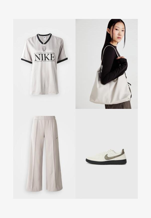 Jersey da Nike em cinza riscado com um colarinho em V preto, apresentando um logótipo preto em destaque e detalhes brancos nas mangas.; Calças largas de tom cinza claro feitas de tecido suave. Apresentam uma cintura elástica e o logo da Nike em preto no lado esquerdo.; Nike Sportswear FIELD GENERAL - Sapatilhas - off-white/black; Uma bolsa bege feita de material macio, com um design descontraído, detalhes de costura e duas alças para o ombro. Adequada para uso diário.
