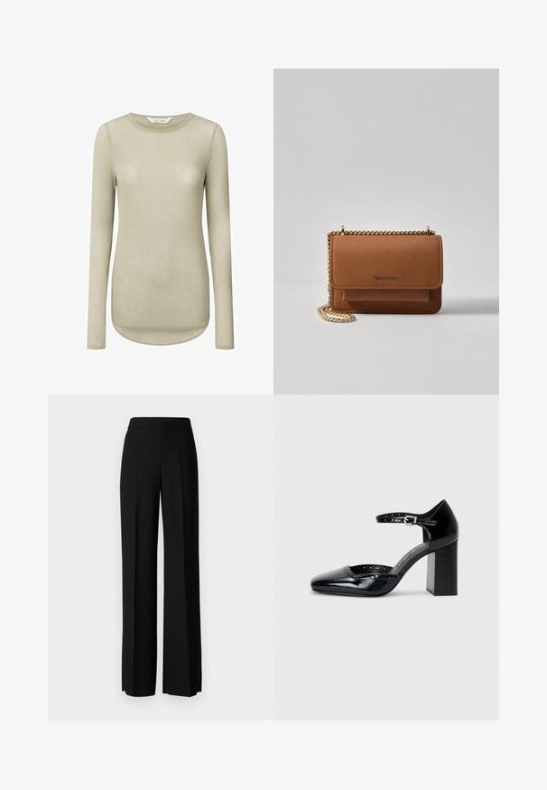 Gai beidzs garām piedurknēm krekls ar apaļu kakla izgriezumu un izliektu apakšmalu. Izgatavots no mīksta, gluda auduma ar minimālām šuvēm un bez rakstiem.; Melni platleği bikses ar gludu tekstūru, ar augstu jostasvietu un centrālajām krokām. Nav redzamu rakstu vai aparatūras detaļu.; Melna lakota ādas augstpapēžu kurpes ar kvadrātu purngalu, potītes siksniņu un masīlu papēdi. Iekļauj perforētu apdari gar malu.; Brūna teksturēta ādas plecu soma ar zelta ķēdes siksnu un atloka aizdari. Priekšpusē ir logotipa detaļa un kabata zem atloka.