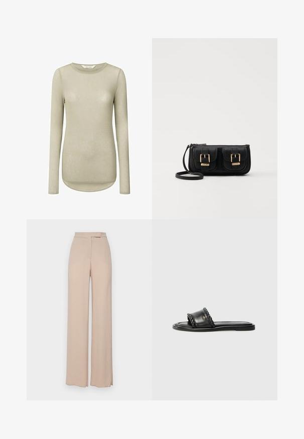 Šviesiai smėlio spalvos ilgos rankovės marškiniai su apvaliu iškirpimu ir išlenktu apatiniu kraštu. Pagaminti iš švelnios, lygaus audinio su minimaliais siūlais ir be raštų.; Šviesiai rudos plačių kojų kelnės, pagamintos iš lengvos medžiagos. Jos turi sklandų paviršių, priekines kišenes ir subtilų juosmens dizainą.; Juodos odinės šlepetės su pintais dirželių detalėmis, plokščiu padu ir elegantišku dizainu. Sklandži tekstūra ir minimalistiška forma.; Juodas odinis per petį nešiojamas krepšys su dviem priekiniais kišenėmis, auksiniais sagtimis, užtrauktuko uždarymu ir siauromis petnešomis. Textūruota paviršius ir kompaktiškas stačiakampis formatas.