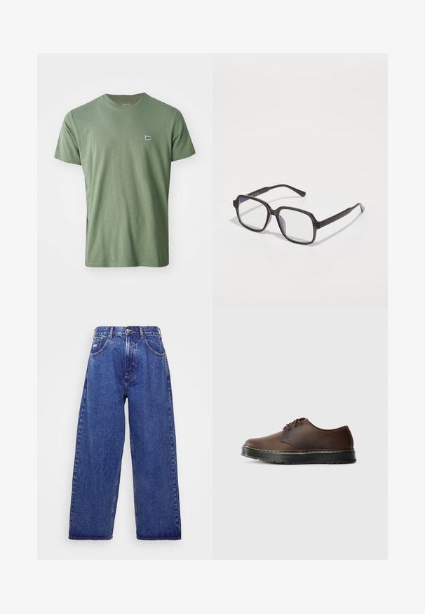 Lee - T-shirt basic; Kaotiko MILTON UNISEX brązowy; Szerokie, niebieskie dżinsy z wysokim stanem, z pięcioma kieszeniami, zapięciem na guzik i delikatnym wyblaknięciem dla uzyskania faktury.; Brązowy skórzany but sznurowany z zaokrąglonym noskiem, czarną gumową podeszwą i żółtymi przeszyciami wzdłuż krawędzi podeszwy.; Czarne prostokątne okulary z przezroczystymi soczewkami, z płaskim mostkiem i smukłymi ramionami, prezentujące gładką plastikową fakturę.