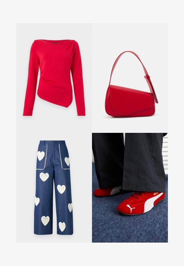 Red long-sleeve top with a boat neckline, asymmetric hem, and draped shoulder detail, made from soft stretch fabric.; Sister Jane HEART TO HEART - Straight leg jeans - blue denim; Red suede sneakers with white accents, featuring textured material, round toe, and a gold logo on the side, worn with black pants.; Red leather handbag with an angular, geometric design. Features a single adjustable strap and a flap closure with stitched detailing.