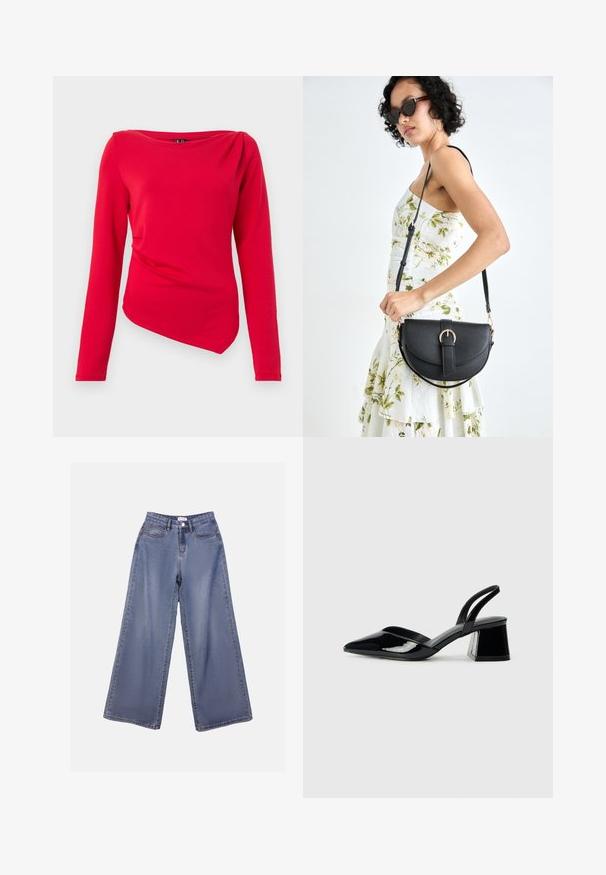 Punainen pitkähihaisen paita, jossa on venekaulus, epäsymmetrinen helma ja laskostettu olkapääyksityiskohta, valmistettu pehmeästä joustavasta kankaasta.; Vaaleansinisiä leveälahkeisia farkkuja, joissa on korkea vyötärö, etutaskut ja nappisuljenta vyölenkeillä.; Mustat patentoitu nahkakengät, joissa on säären takaosa ja terävä kärki, sekä geometrinen palikkakorko. Sisältää tyylikkään, minimalistisen muotoilun ja sileän pinnan.; Musta nahkainen käsilaukku, joka on kaareva muotoilultaan, irrotettavalla hihnalla ja kultaisilla yksityiskohdilla. Laukussa on läppä, jossa on solk yksityiskohta.