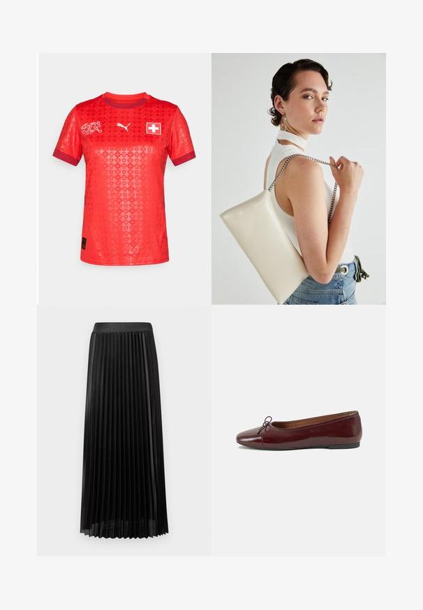 Rød kortermet sportsdrakt med strukturmønster, Puma-logo, sveitsisk flaggemblem, og kontrasterende rød krage og ermer.; Plisseret svart skjørt med en glatt midje, laget av lett stoff. Har skarpe, vertikale plisser og et design som går til midten av leggen.; Burgunderrød lakk lær ballettleilighet med rund tå, liten sløyfe foran og en lav, svart gummisåle. Glatt tekstur.; Hvit rektangulær clutch-veske laget av blankt materiale, med en sølvkjede-stropp. Modellen poserer og viser vesken mot en ensfarget bakgrunn.