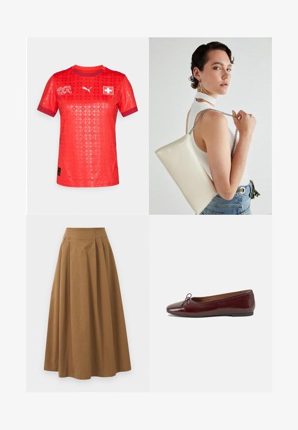Camisa desportiva curta vermelha com um padrão texturizado, logotipo da Puma, emblema da bandeira suíça e colarinho e punhos em vermelho contrastante.; Saia A-line de algodão castanho com cintura alta, apresentando pregas na parte da frente e uma textura suave. As bordas da bainha são limpas e simples.; Bailarinas em couro sintético borgonha com bico redondo, pequeno laço na frente e sola baixa em borracha preta. Textura suave.; Bolsa de mão retangular branca, feita de material brilhante, com uma alça em corrente prateada. Modelo posa, exibindo a bolsa contra um fundo simples.