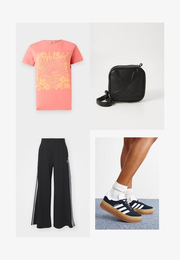 T-shirt a maniche corte color corallo con una grafica gialla che presenta sole, onde ed elementi floreali. Realizzato in cotone. Vestibilità classica.; Pantaloni in felpa neri a gamba larga con vita elastica, dotati di strisce bianche sui lati e un logo ricamato sulla coscia sinistra.; Sneakers in pelle scamosciata nera con strisce e dettagli bianchi, punta arrotondata, suola in gomma color gomme, abbinate a calzini bianchi a coste alla caviglia.; Borsa a tracolla nera realizzata in materiale sintetico testurizzato. Presenta un design con logo inciso e una tracolla regolabile. Chiusura con zip.