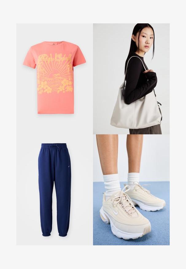Coral short-sleeve t-shirt featuring a yellow graphic design with sun, waves, and floral elements. Made from cotton. Classic fit.; Navy blue sweatpants made of soft fabric, featuring an elastic waistband with drawstring, elastic cuffs, and a small white logo.; Beige athletic shoes with a textured upper, white laces, and a thick white sole. The design features subtle curves and a small logo.; Beige handbag made of soft material, featuring a slouchy design, stitched detailing, and two shoulder straps. Suitable for everyday use.