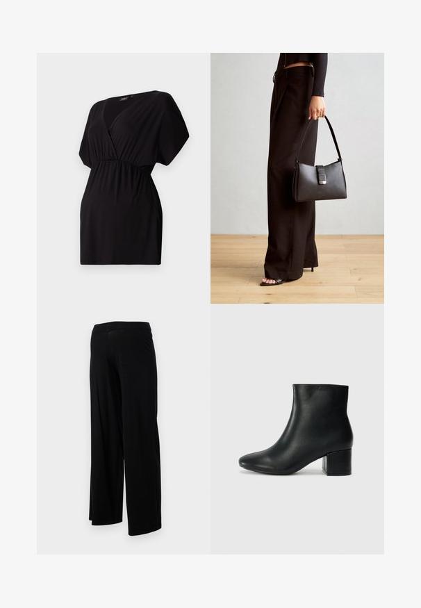 Fekete, rövid ujjú felső, rugalmas anyagból, V-nyakkivágással és ráncolt, elasztikus derékkal a kényelmes viseletért. Egyszerű, mintázat nélküli dizájn.; Fekete, bőszárú nadrág, rugalmas derékkal és sima, rugalmas textúrával. Egyszerű dizájnnal rendelkezik, minták vagy díszítések nélkül.; Fekete bőr bokacsizma hegyes orral és vastag sarokkal. Sima felület minimális díszítéssel és karcsú, passzos kialakítással.; Fekete kézi táska strukturált formával, sima textúrával és fémből készült záródással. Széles fekete nadrággal és nyitott orrú szandállal párosítva, fából készült padlón.