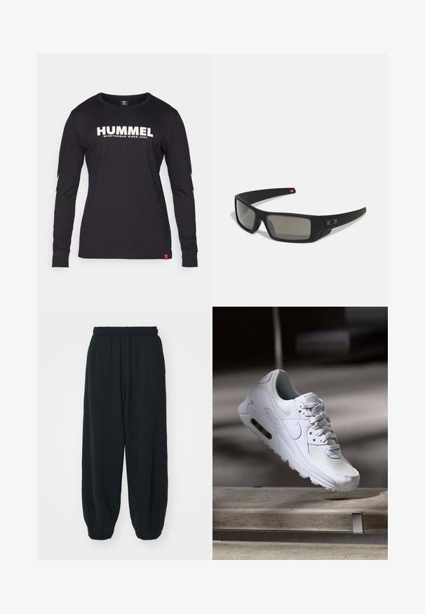Čierna dlhá rukávová košeľa z bavlny, ktorá má výrazné biele logo "HUMMEL" a cik-cak akcenty na rukávoch.; Čierne tepláky s elastickým pásom, vo voľnom strihu, s manžetami na členkoch, hladkej textúry a bez viditeľných vzorov alebo kovových doplnkov.; Biele tenisky Nike Air Max 90 s vrchnou časťou z kože a sieťoviny, perforovanou špičkou a viditeľnou vzduchovou jednotkou v päte.; Čierne slnečné okuliare s matným povrchom, obdĺžnikové šošovky, mierna krivka na straničkách, nenápadný detail loga a šošovky so zafírovaným tónovaním.