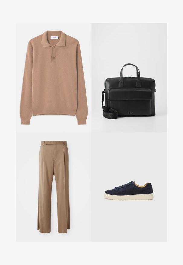 Bežani rebrasti pleteni pulover s dugim rukavima, polo ovratnikom i dva gumba na prednjem dijelu. Mekana tekstura i ravna donja rub.; Svijetlosmeđi krojeni hlače ravnih nogavica, s petljama za remen, prednjim šavom i skrivenim kopčanjem, prikazane ravno na bijeloj pozadini.; Mornarsko plava nubuk niska tenisica s okruglim prstom, off-white gumeni đon i usklađene vezice; ima kontrastnu smeđu unutrašnju oblogu.; Crna kožna aktovka s dvije gornje drške, prednjim džepom i sklopivim remenom, s suptilnim brandingom na dnu.